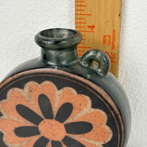 Vintage MCM Handcrafted Ceramic Flask Vase Domino Daisy Handle Orange 4” - Picture 5 of 5